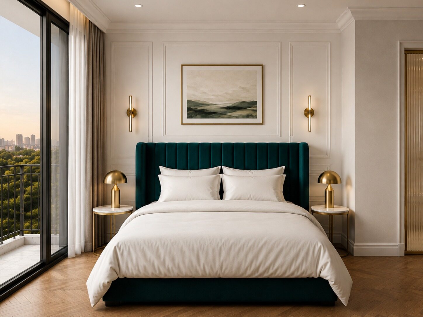 X bedroom with teal velvet headboard, brass sconces and a city-facing balcony