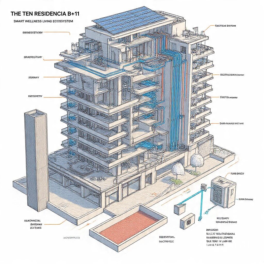 Cutaway diagram of X's smart wellness living ecosystem, showing solar, water and air distribution through the tower