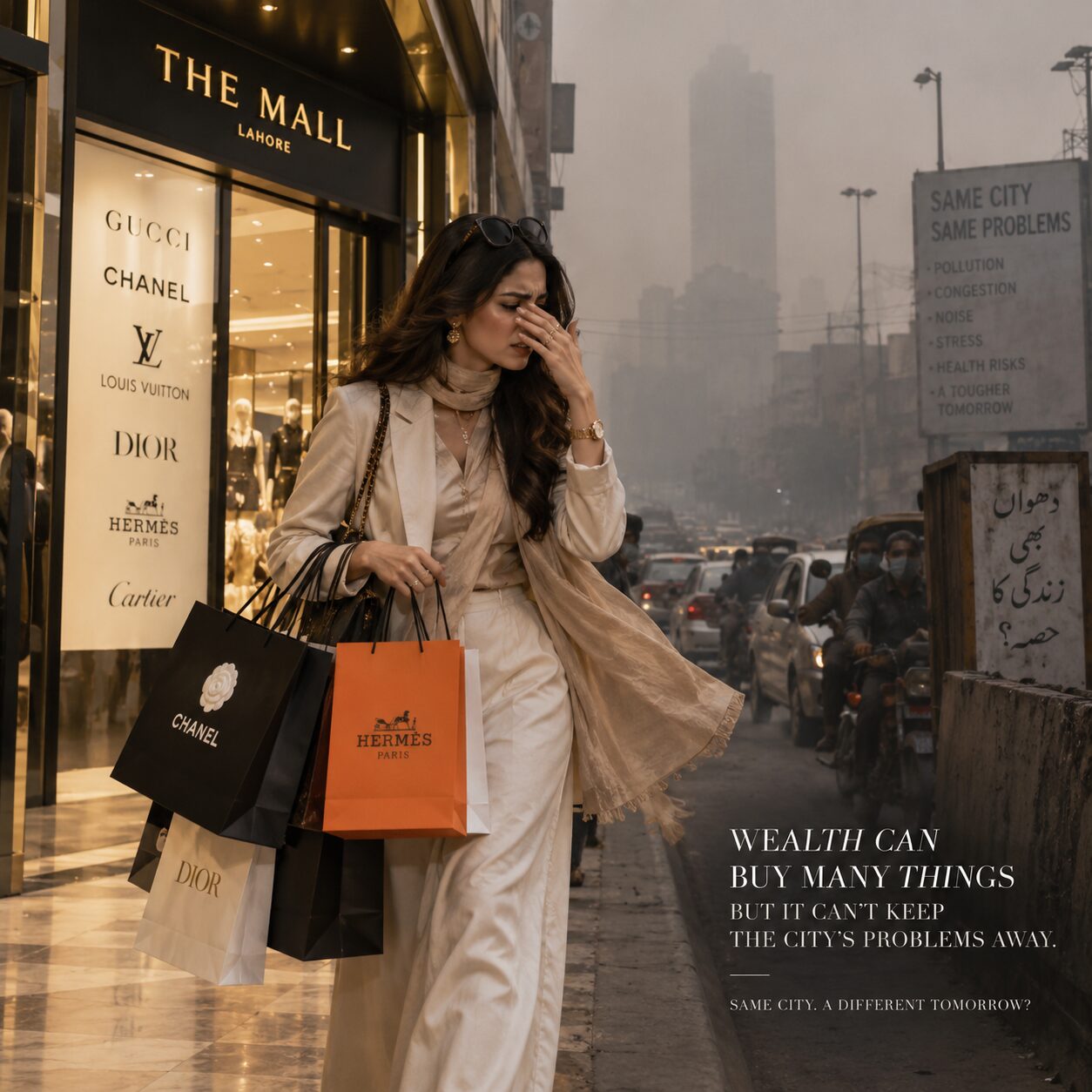 A shopper outside a luxury mall on a smog-heavy Lahore street
