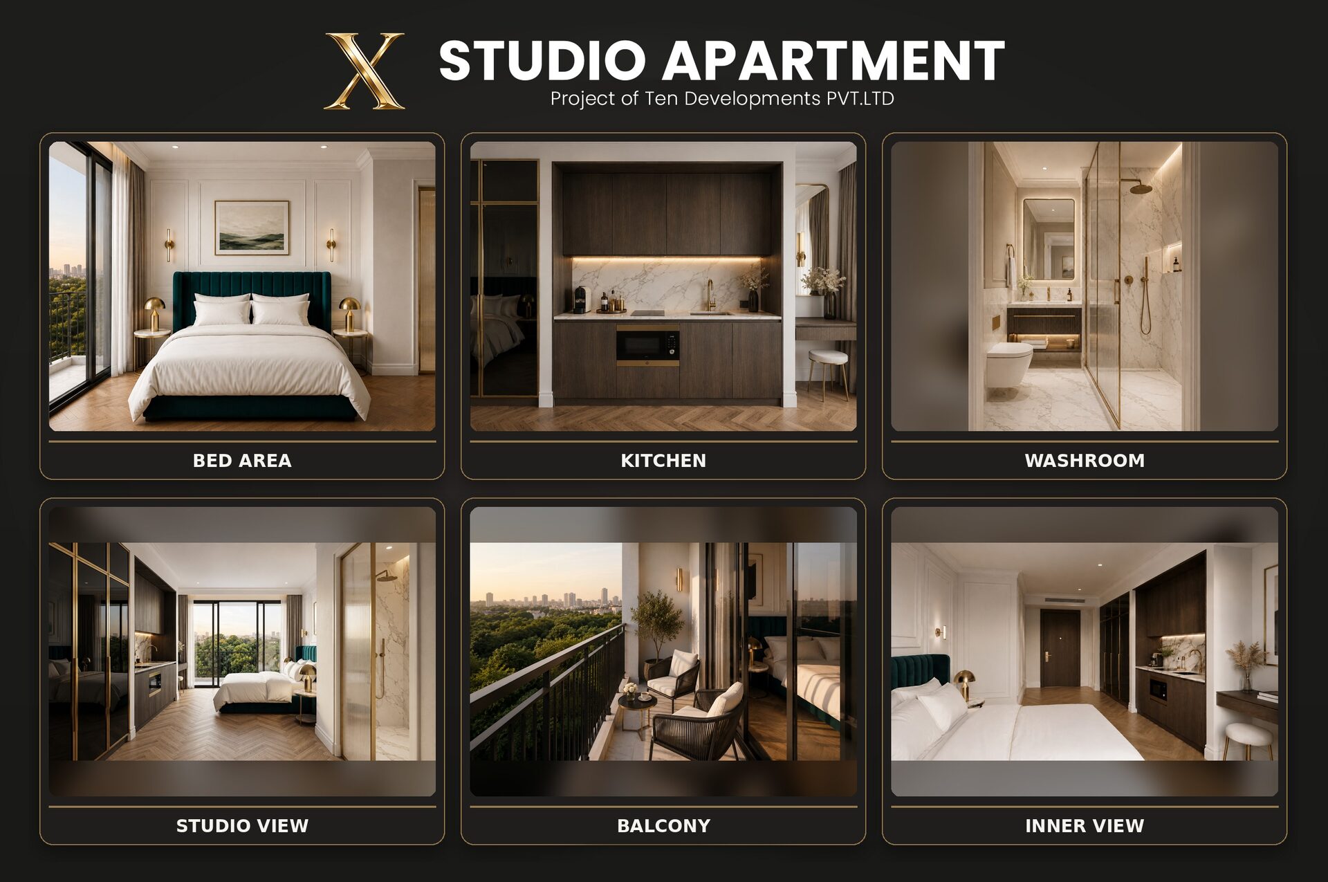 Studio apartment layout: bed area, kitchen, washroom, balcony and interior views